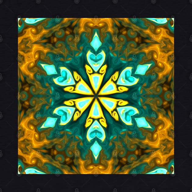 Psychedelic Mandala Flower Teal and Yellow by WormholeOrbital